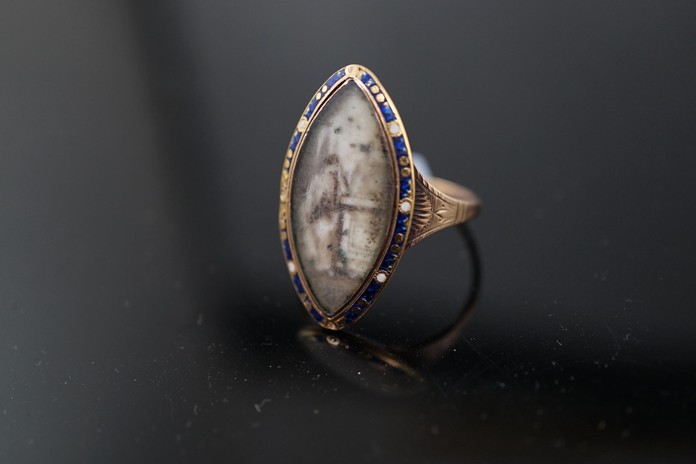 A George III gold and two colour enamel set navette shaped mourning ring, CITES Submission reference MFD9LPN4